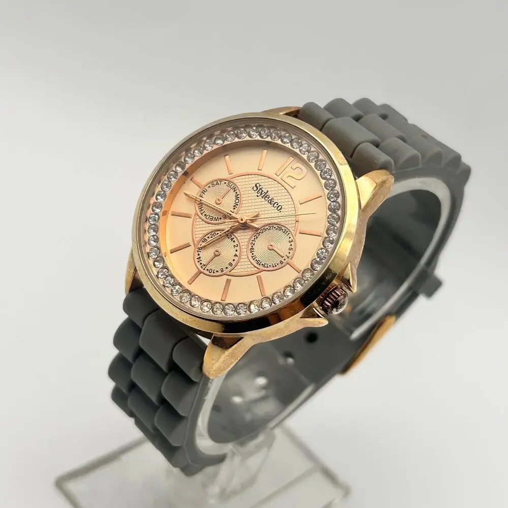 Style & Co Rose Gold Crystals  Gray Silicon Band 37mm Women’s Watch Working